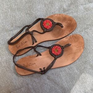 Boden Tan Leather Sandals with Red Coral Accents